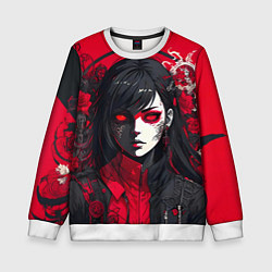 Свитшот детский Девушка в стиле аниме в куртке на красном фоне, цвет: 3D-белый