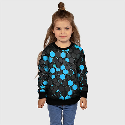 Детский свитшот Сине-серые шестиугольники на чёрном фоне / 3D-Черный – фото 4