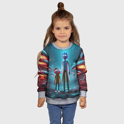 Детский свитшот Морти и Рик в сказочном неоновом грибном лесу / 3D-Меланж – фото 4