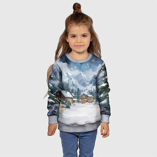 Детский свитшот Новый год - домики в горах / 3D-Меланж – фото 4