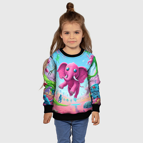 Детский свитшот Парящий в воздухе розовый слон - сюрреализм / 3D-Черный – фото 4