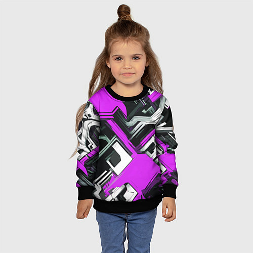 Детский свитшот Бело-фиолетовый техно паттерн на чёрном фоне / 3D-Черный – фото 4