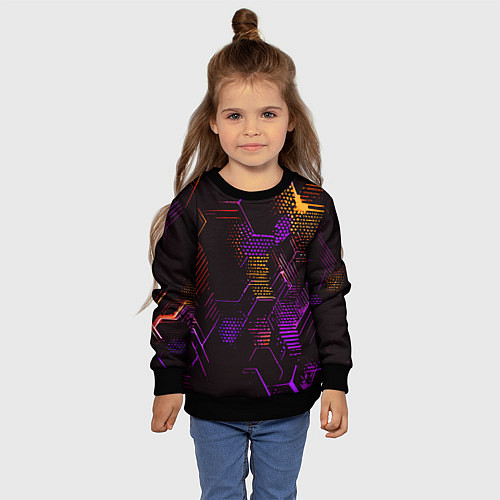 Детский свитшот Жёлто-фиолетовые точки и линии на чёрном фоне / 3D-Черный – фото 4