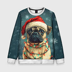 Свитшот детский Новогодний мопс в гирлянде, цвет: 3D-белый