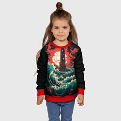 Свитшот детский Маяк и волны в японском стиле, цвет: 3D-красный — фото 2