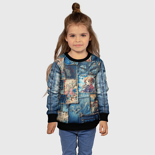 Детский свитшот Аниме влюбленные на пэчворк / 3D-Черный – фото 4