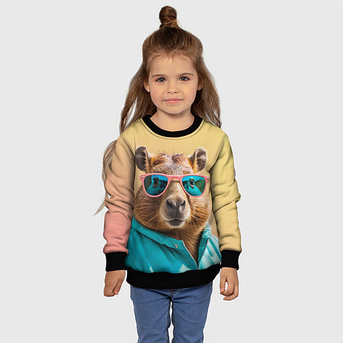 Детский свитшот Модная капибара в отпуске / 3D-Черный – фото 4