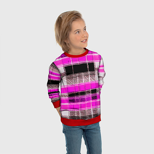 Детский свитшот Белые полосы на чёрно-розовом фоне / 3D-Красный – фото 3