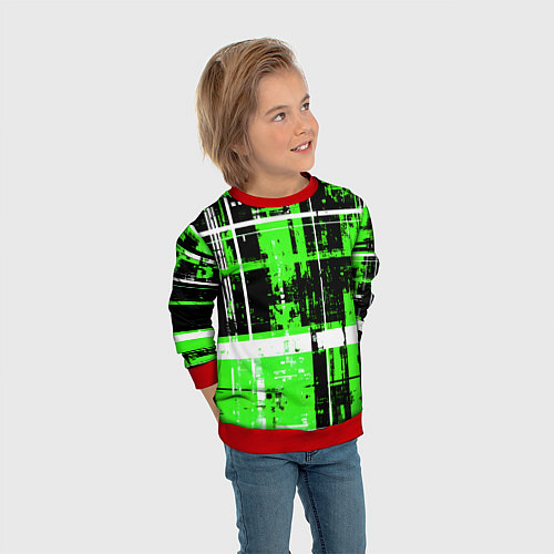 Детский свитшот Зелёно-белый гранж на чёрном фоне / 3D-Красный – фото 3