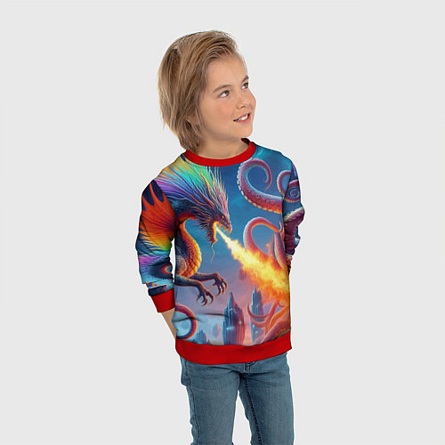 Детский свитшот Огнедышащий дракон против осьминога - нейроарт фан / 3D-Красный – фото 3