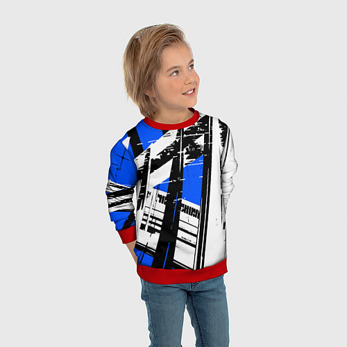 Детский свитшот Чёрно-белые абстрактные линии на синем фоне / 3D-Красный – фото 3