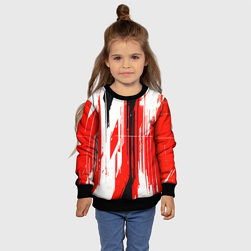 Детский свитшот Вертикальные чёрно-белые линии на красном фоне / 3D-Черный – фото 4