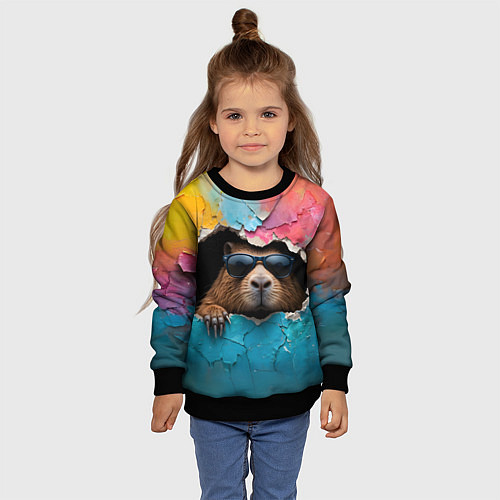 Детский свитшот Капибара в стене / 3D-Черный – фото 4