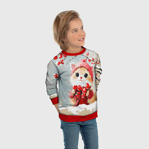 Детский свитшот Новогодний котик с рябиной / 3D-Красный – фото 3