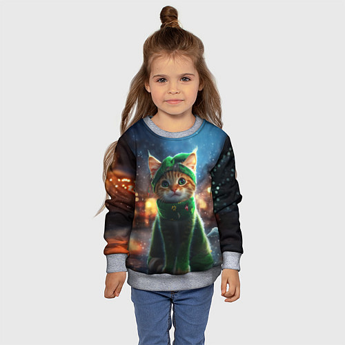 Детский свитшот Зеленый новогодний котик / 3D-Меланж – фото 4