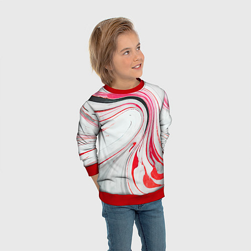 Детский свитшот Волнистые чёрно-красные линии на белом фоне / 3D-Красный – фото 3