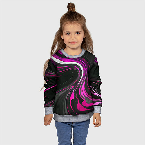 Детский свитшот Волнистые бело-розовые линии на чёрном фоне / 3D-Меланж – фото 4