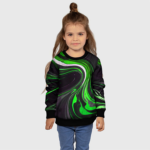 Детский свитшот Волнистые бело-зелёные линии на чёрном фоне / 3D-Черный – фото 4