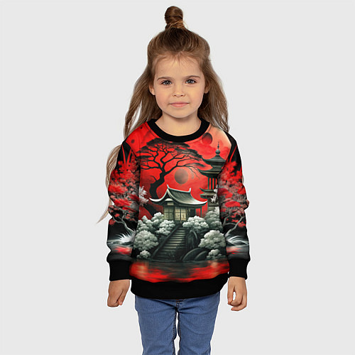 Детский свитшот Пейзаж Японии в красном цвете / 3D-Черный – фото 4