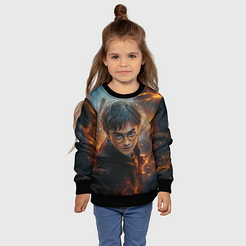 Детский свитшот Гарри Поттер в окружении огня / 3D-Черный – фото 4