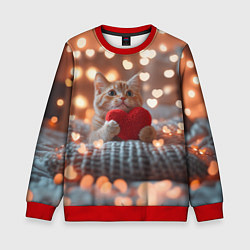 Свитшот детский Котик с сердечком на фоне боке, цвет: 3D-красный