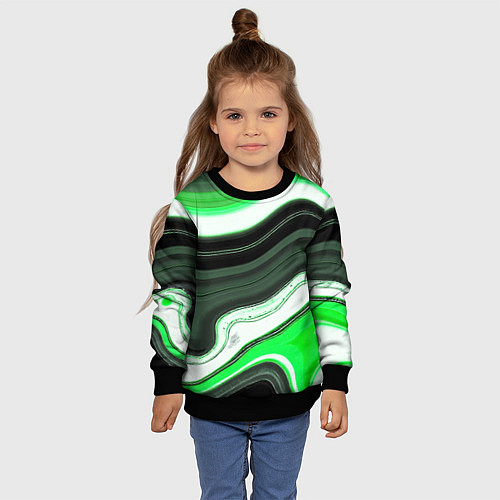Детский свитшот Волнистые горизонтальные чёрно-зелёные полосы на б / 3D-Черный – фото 4