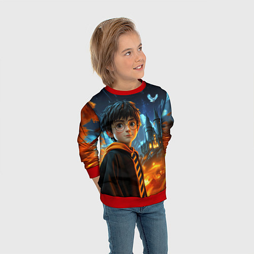 Детский свитшот Гарри Поттер на фоне огня / 3D-Красный – фото 3