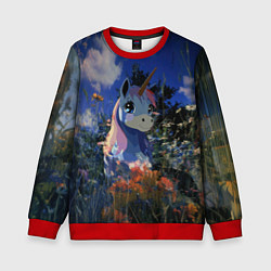 Свитшот детский Синий единорог в кустах, цвет: 3D-красный