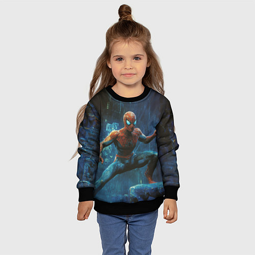 Детский свитшот Человек - паук в ночном городе / 3D-Черный – фото 4