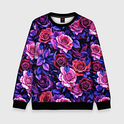 Свитшот детский Разноцветные цветы - синие розы паттерн, цвет: 3D-черный