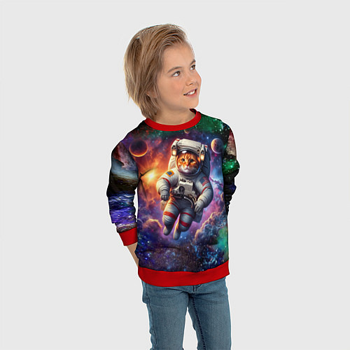 Детский свитшот Котик бравый космонавт - неон / 3D-Красный – фото 3