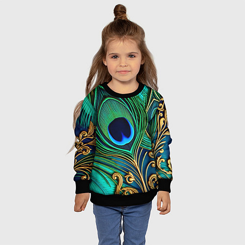 Детский свитшот Зеленые перья павлина / 3D-Черный – фото 4