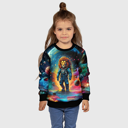 Детский свитшот Лев бравый космонавт - неоновый космос / 3D-Черный – фото 4