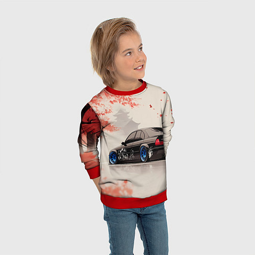 Детский свитшот Черная БМВ и сакура / 3D-Красный – фото 3