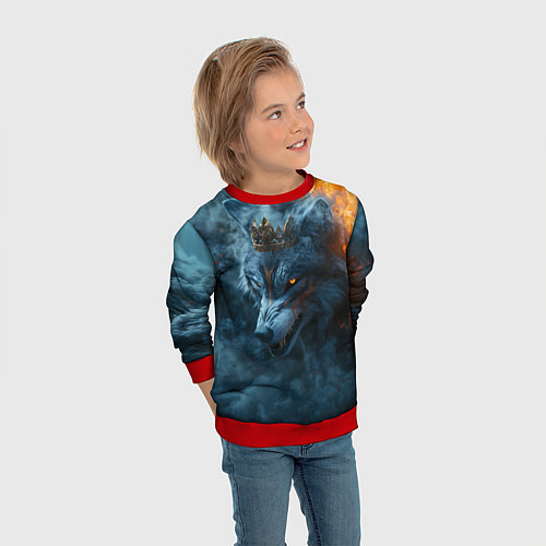 Детский свитшот Волк в короне в огне / 3D-Красный – фото 3