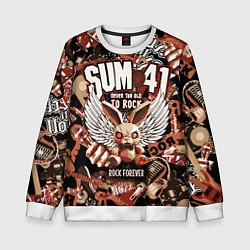 Свитшот детский Sum 41 на фоне кролика и гитар, цвет: 3D-белый