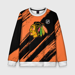 Свитшот детский Чикаго Блэкхокс - фон с оранжевыми потертостами, цвет: 3D-белый