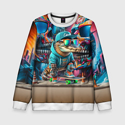 Свитшот детский Крокодилёныш крутой скейтбордист - киберпанк, цвет: 3D-белый