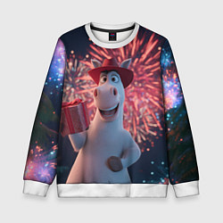 Детский свитшот Лошадь с подарком на фоне салюта