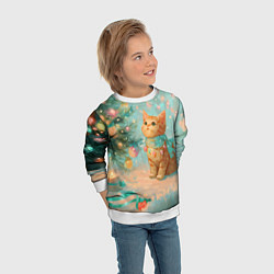 Свитшот детский Милый рыжий котенок любуется елкой, цвет: 3D-белый — фото 2