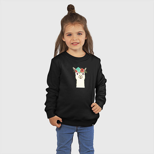 Детский свитшот Милая лама альпака с цветами / Черный – фото 3