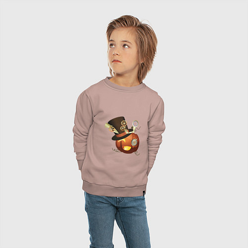 Детский свитшот Хэллоуин в стиле стимпанк с тыквой в шляпе / Пыльно-розовый – фото 4