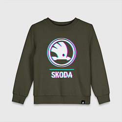 Свитшот хлопковый детский Значок Skoda в стиле glitch, цвет: хаки