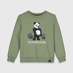 Свитшот хлопковый детский Это настоящая борьба - панда штангист, цвет: авокадо