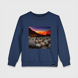 Свитшот хлопковый детский Горный пейзаж в закате солнца, каменная река, цвет: тёмно-синий
