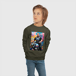 Свитшот хлопковый детский Арнольд Шварценеггер - крутой байкер - нейросеть, цвет: хаки — фото 2