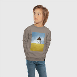 Свитшот хлопковый детский Ветряная мельница в поле, цвет: утренний латте — фото 2
