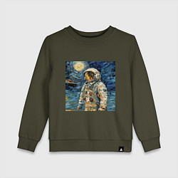 Свитшот хлопковый детский Космонавт на луне в стиле Ван Гог, цвет: хаки