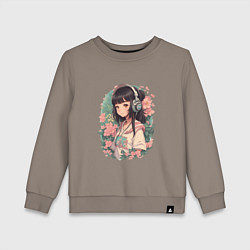 Детский свитшот Девочка в стиле анимэ в наушниках среди цветов пор