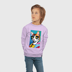 Свитшот хлопковый детский Кот с бровями - поп-арт - нейросеть, цвет: лаванда — фото 2